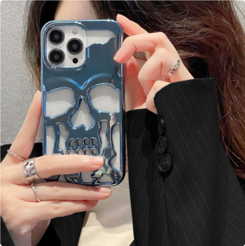 Coque de téléphone de luxe plaquée 3D avec motif tête de mort, respirante, brillante, ajourée, peinture métallisée dorée