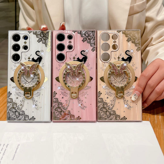 Étui de téléphone minimaliste avec support papillon incrusté de diamants