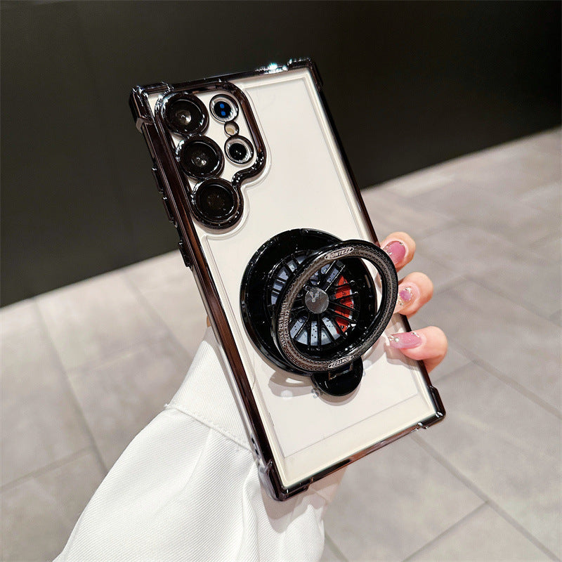 Coque de téléphone S23 avec support magnétique rotatif et anti-chute aux quatre coins, galvanoplastie