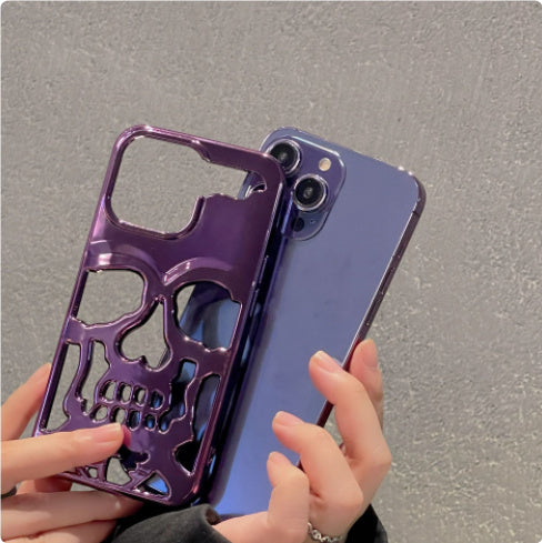 Coque de téléphone de luxe plaquée 3D avec motif tête de mort, respirante, brillante, ajourée, peinture métallisée dorée