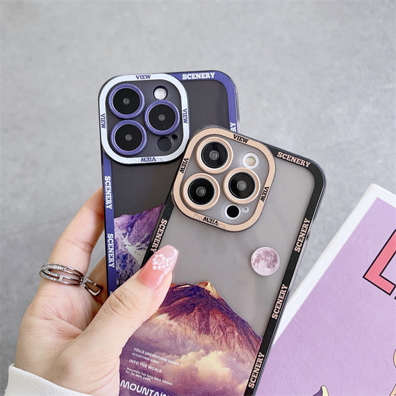 Nouvelle coque de téléphone Apple 14 violet foncé, motif paysage de montagne