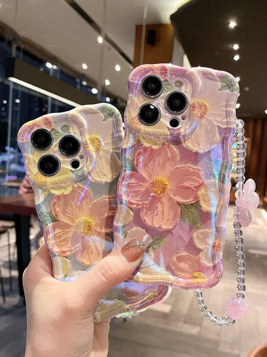 Étui de téléphone avec cordon et motif de fleurs peintes à l'huile
