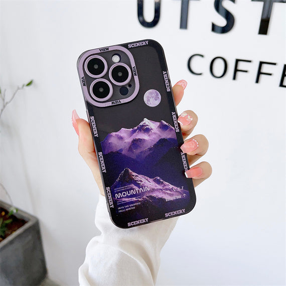 Nouvelle coque de téléphone Apple 14 violet foncé, motif paysage de montagne