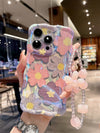 Étui de téléphone avec cordon et motif de fleurs peintes à l'huile