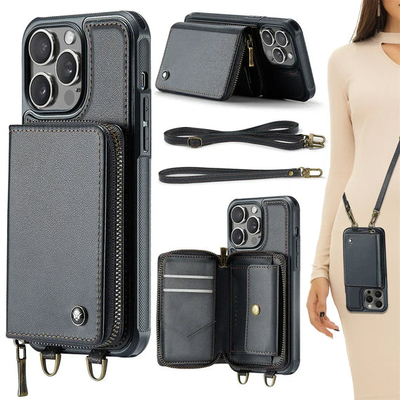 Wallet Case with Card Holder for iPhone 16 15 14 13 12 11ProMax RFID Blocking PU Leather Folio Shockproof Cover Strap Zipper