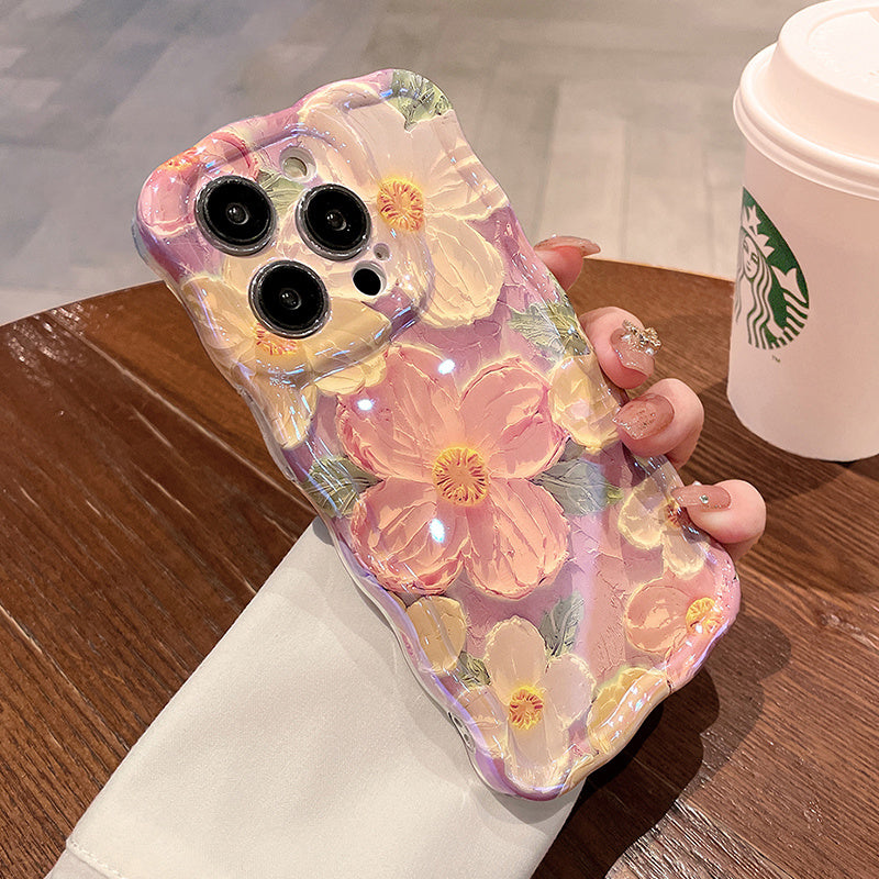 Étui de téléphone avec cordon et motif de fleurs peintes à l'huile